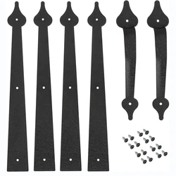 LWZH Metal Gate Door House Hinge Handle Set Decorative Garage Door Carriage Accents Door Hardware Black 2 Handles 4 Hinges