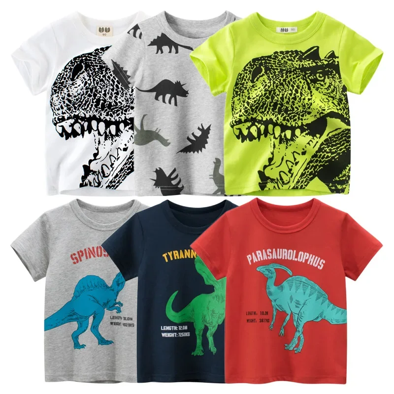 T-shirt à manches courtes et col rond pour garçon, vêtement en coton, motif dessin animé de dinosaure, livraison directe, été 2024