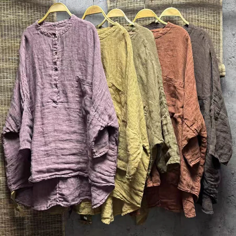 

Весенне-осенняя женская свободная рубашка в стиле искусства с длинным рукавом и круглым вырезом, винтажная хлопково-льняная блузка средней длины с одним карманом, хорошее качество