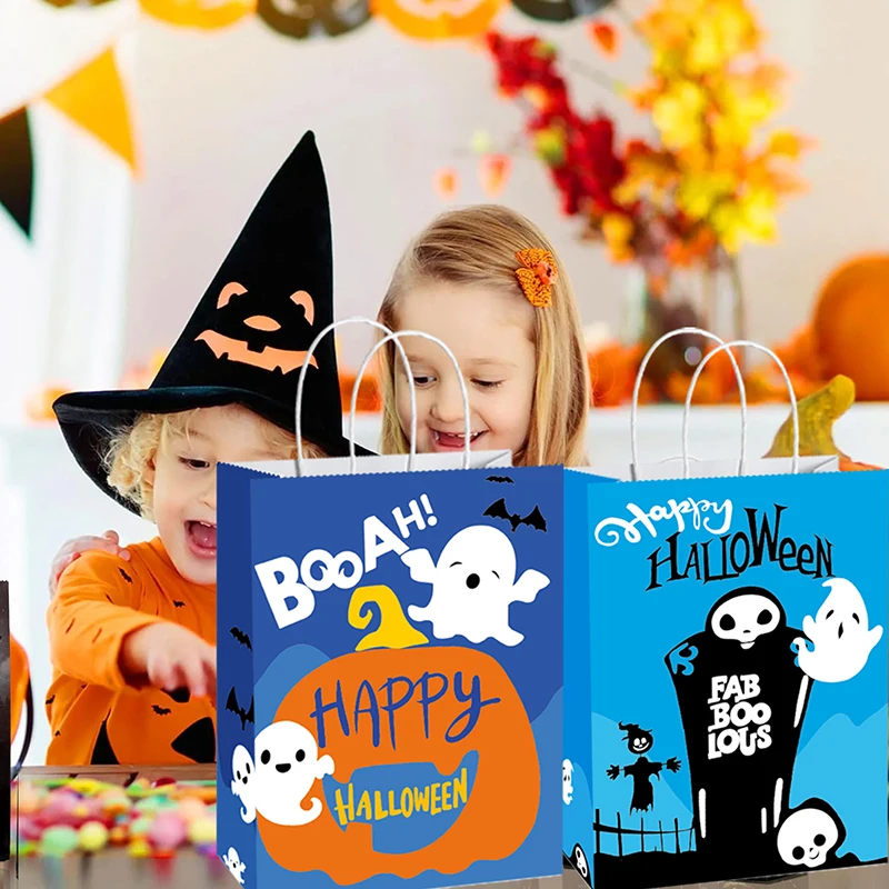 Bolsa de mano con varios patrones de dibujos animados para Halloween, bolsa de papel Kraft para aperitivos, decoración de Halloween, 6 piezas