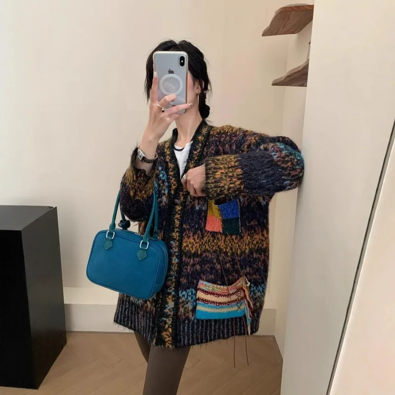 

Свободный свитер в ленивом стиле с v-образным вырезом для женщин, осенне-зимний вязаный кардиган в стиле ретро с градиентом цвета