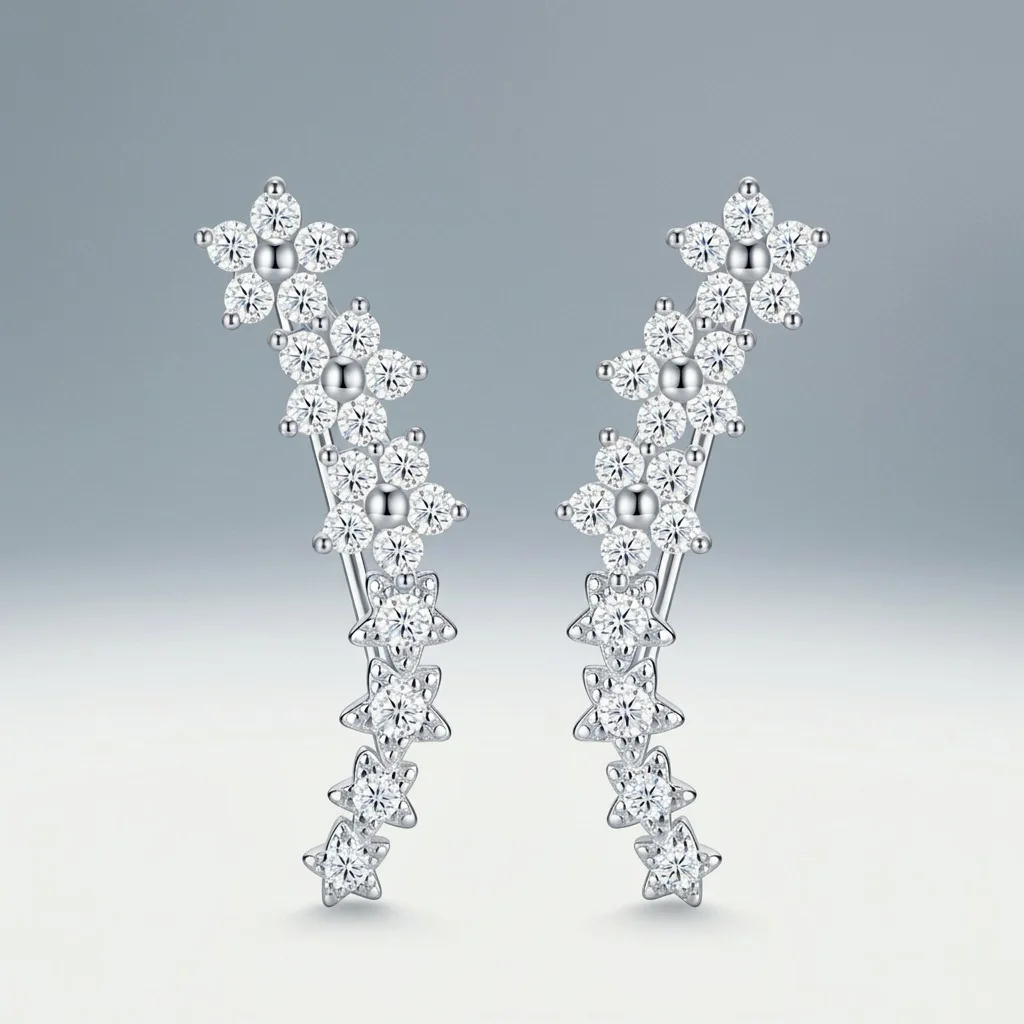 

D-Color Full-Row 38-Point Moissanite Long Tassel Ear Hooks, Platinum Plated S925 Sterling Silver, Exquisite Fine Jewelry