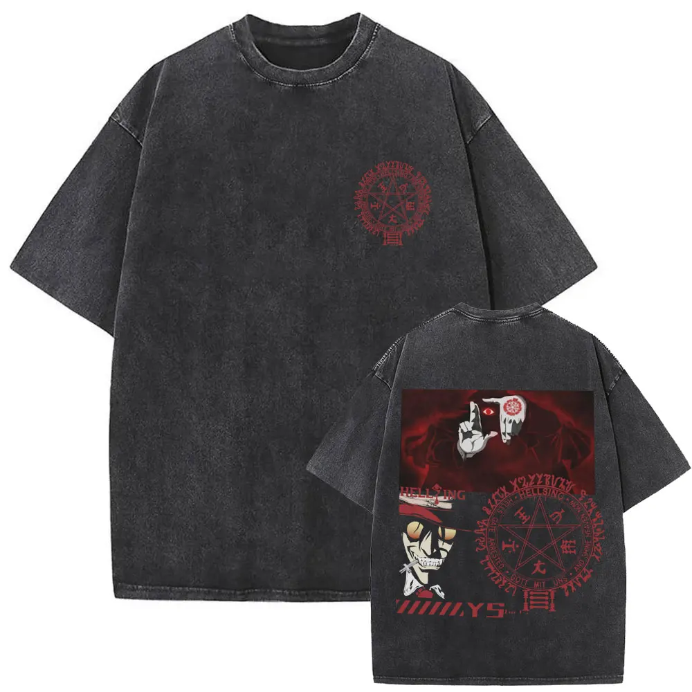 Washed Vintage Anime Hellsing Abraham Van Helsing Vampire Alucard T-shirts Men Women Fashion Casual Oversized T Shirt Streetwear