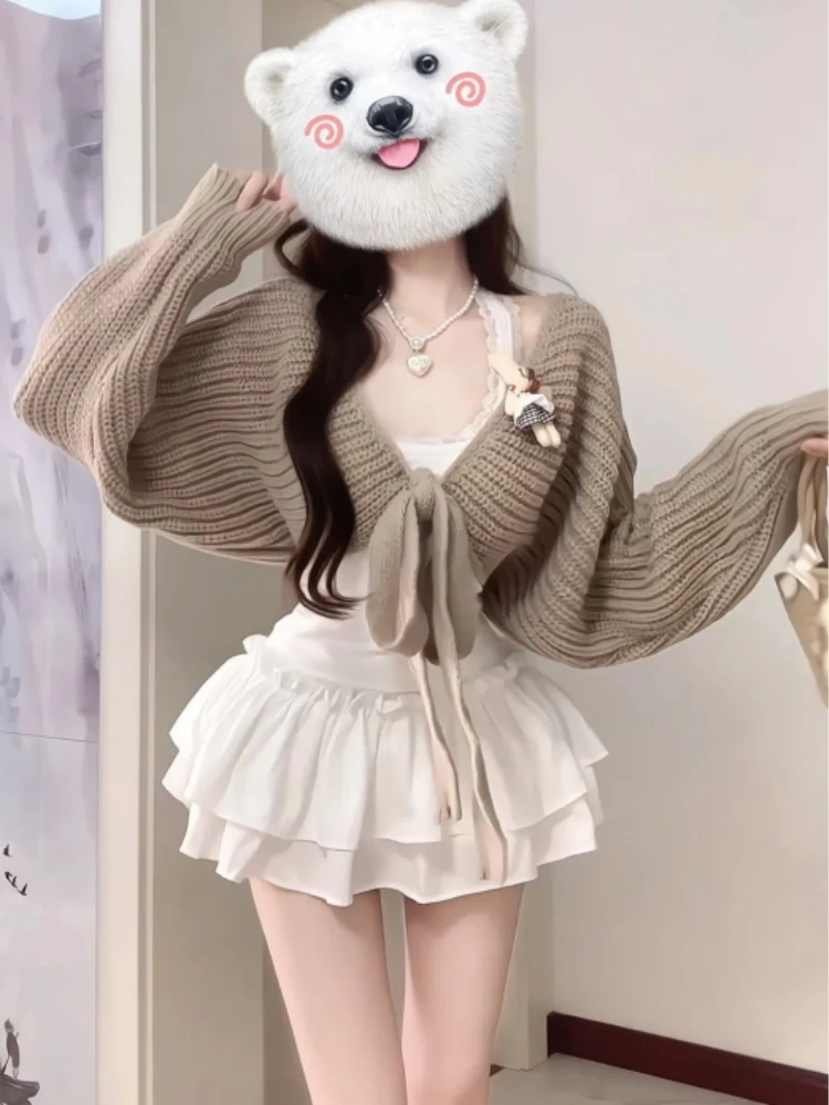 

Fall Faion Korean Sle Women's Knitted Cardigan with Susps High Waist Skirt Set Tee Pieces Long Sve