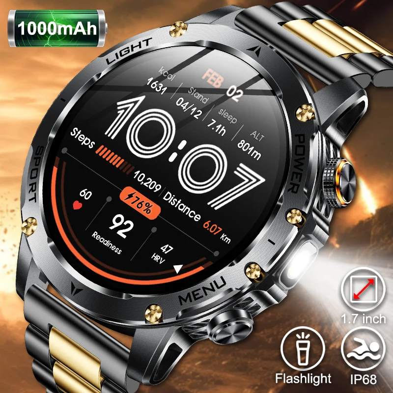 

Новые уличные умные часы с аккумулятором 1000 мАч, 1,7 дюйма, HD светодиодный фонарик, водонепроницаемые, с пульсометром, Bluetooth-вызовом, мужские спортивные умные часы