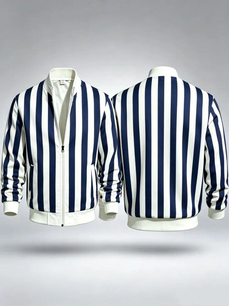 Men Slim Stand Collar Zip Bomber Jacket With Pockets Navy White Vertical Stripe Classic Casual Coat