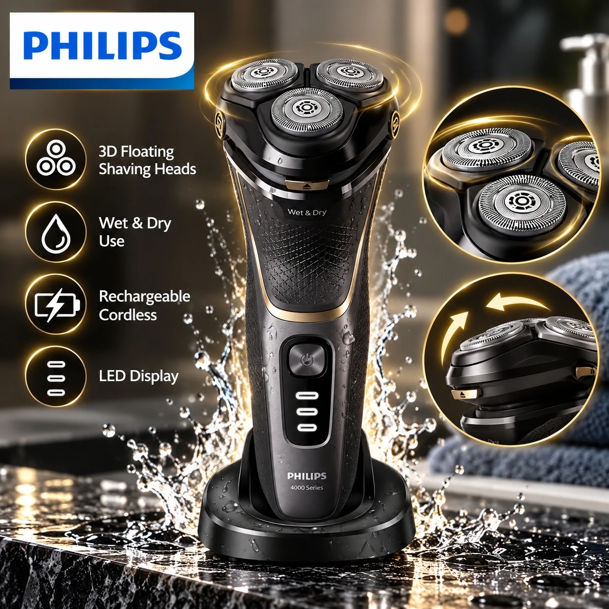 Philips S4313/13 Electric Shaver for Men 4000 Series Rotary Wet Dry Razor Shavering Rechargeable 5D Flex Heads Beard Trimmer