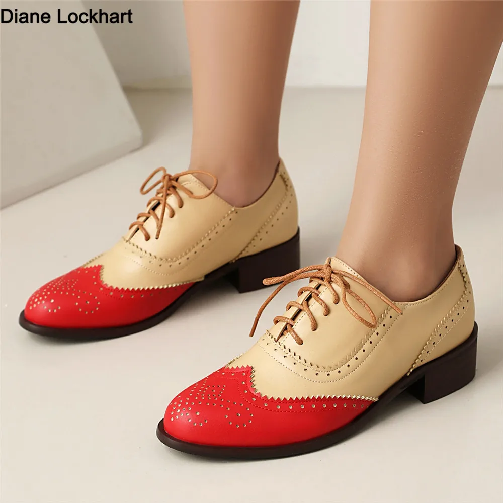 

Women Spring New Flats Shoes Women Oxfords Mixed Colors Lace Up Ladies Brogues Shoes Designer Casual Pu Leather Outdoor Footwear