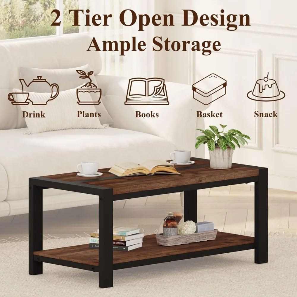 Industrial Farmhouse Style Rectangular Coffee Table for Living Room, Rustic Wood and Metal Center Table