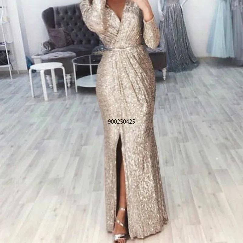 

Women Dress V Neck Floor Length Long Sleeve Thigh High Slit Sequin Mermaid Dresses Plus Size Evening Gowns Lady Elegant Dresses