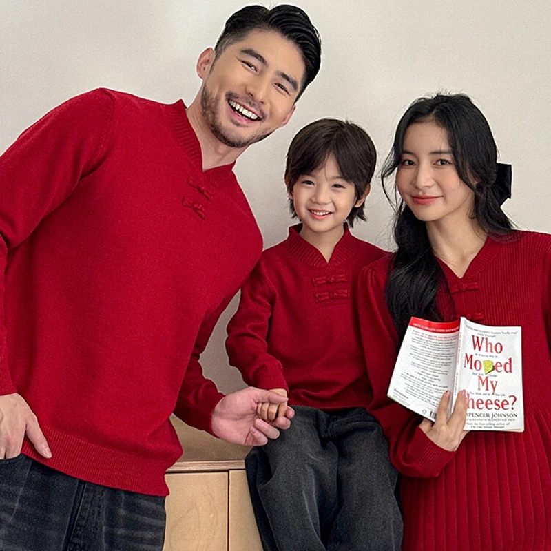 Winter 1-12 Years Girls Boys Sibling Knitted Tops S-3XL Adults Mom Dad Son Family Matching Outfits Red Chinese New Year Sweater