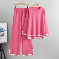 Spring Autumn Women Pullover Pants Sets 2-piece Set Split O-Neck Top Wide Leg Pants Knit Set Fashion Casual Women's Set