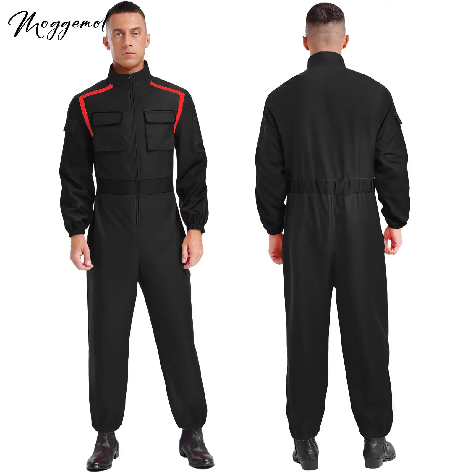 

Mens Racing Driver Fireman Cosplay Rompers Stand Collar Front Zip Long Sleeve Long Pants Pockets Halloween Coveralls Jumpsuit