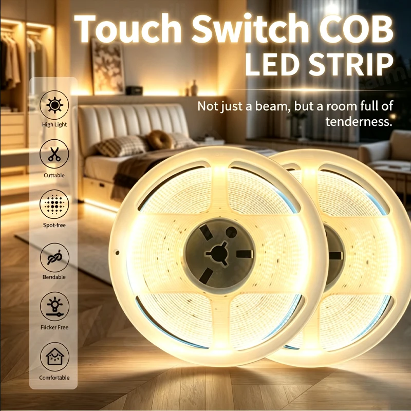 5V USB COB LED Strip High Density Flexible Linear Tape Touch Dimmer Switch Self Adhesive DIY Lamp for Mirror Wardrobe Bedroom