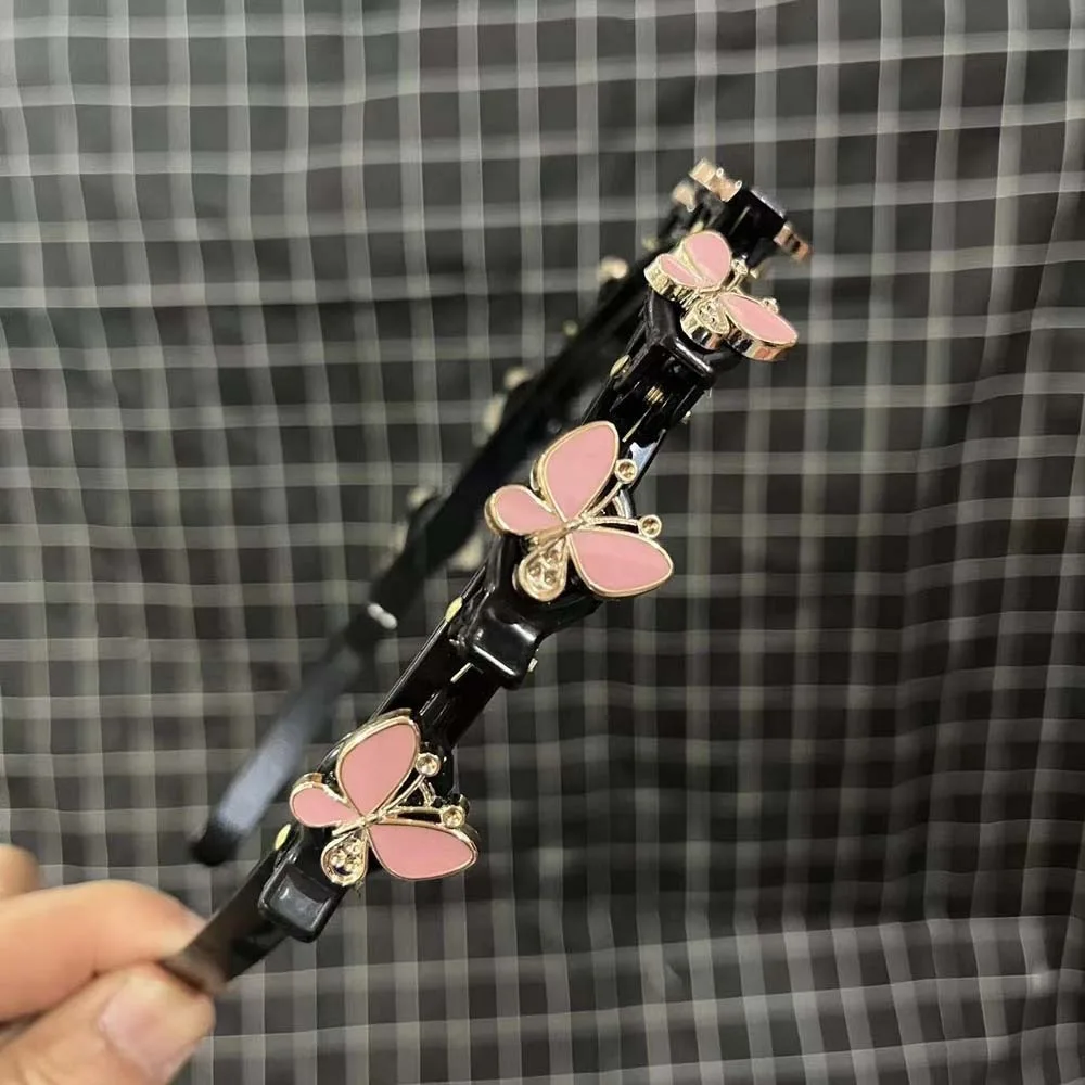 Elegant Hair Bands with Clips Sweet Shiny Rhinestone Bangs Clip Headband Plastic Hair Weaving Tool Women Butterfly Hair Hoop
