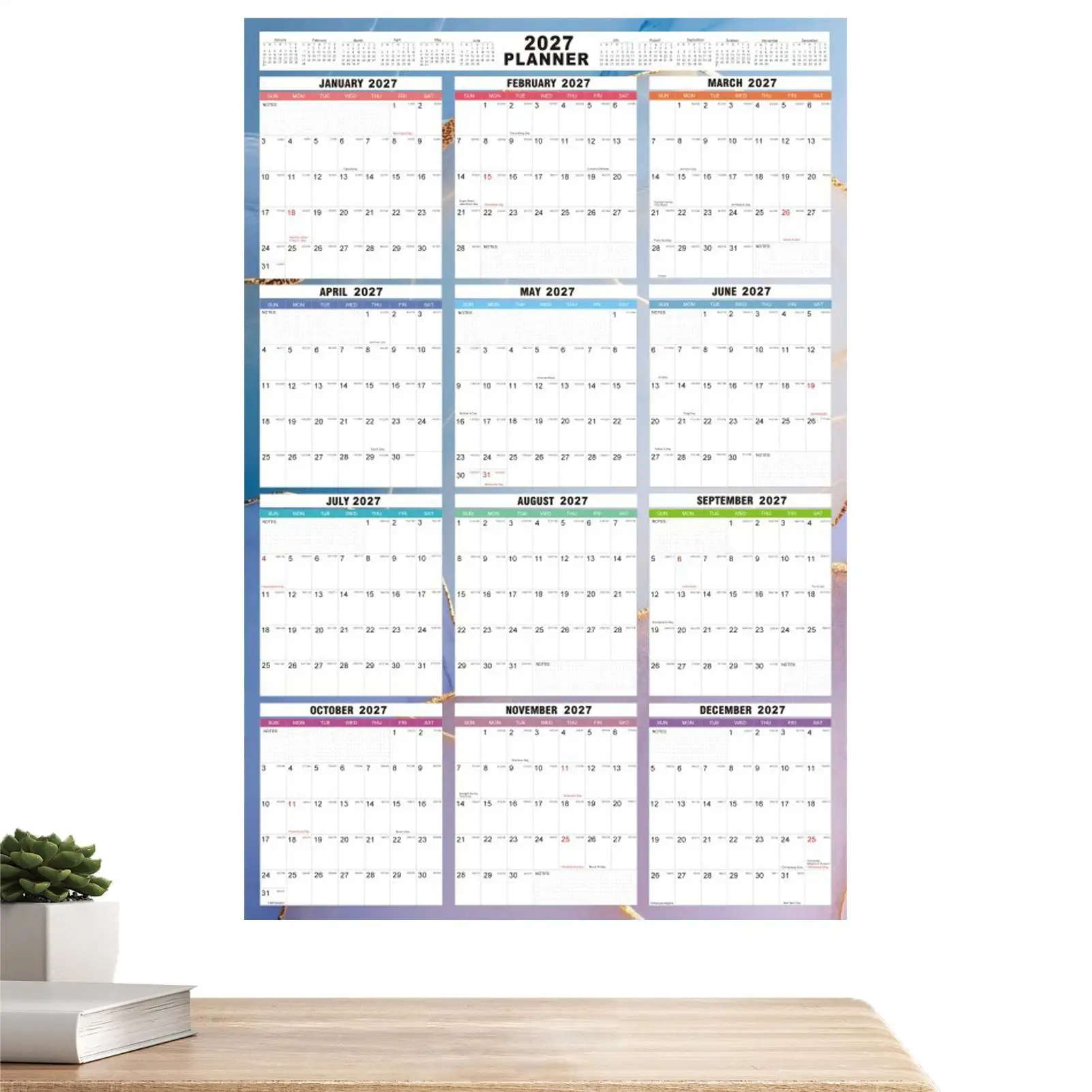 Full Year Wall Calendar 12 Month Vertical/Horizontal Annual Organizer 2027 Double Sided Dry Erase Yearly Calendar For Home