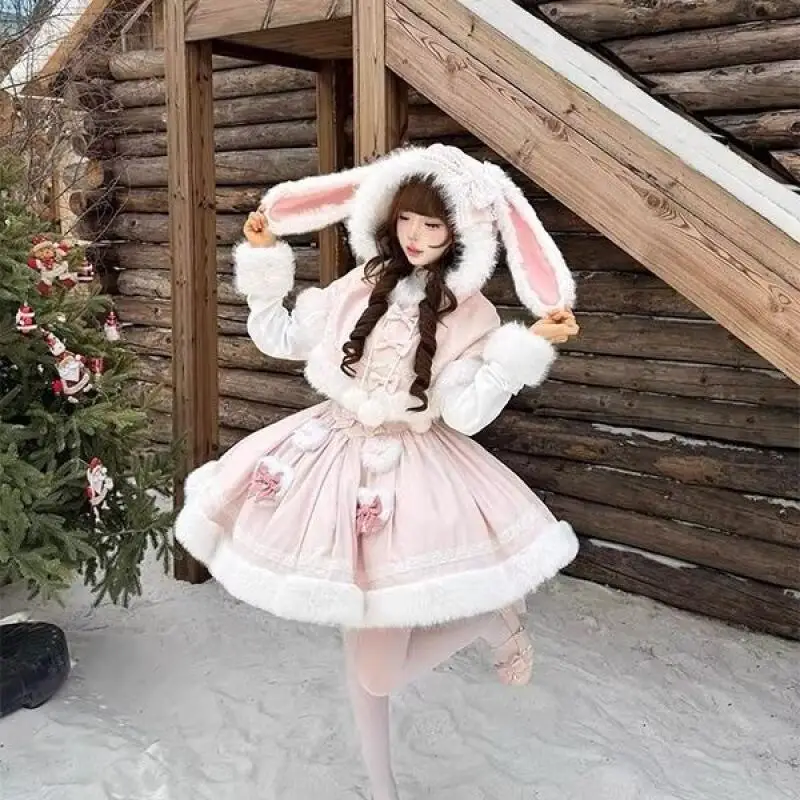 Winter Girl Lolita Dress Cute Sweet Bow Cloak Long Sleeves Keep Warm Fleece-Lined Princess Dress Two-Piece Set Birthday Gift