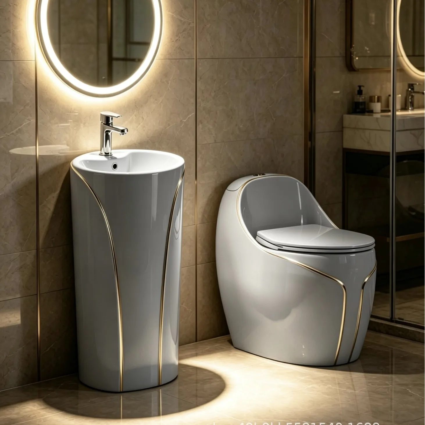 Factory Direct Compatible with Floor-to-Floor Column Basin Ceramic Siphon Toilet Gold Light Luxury Bathroom