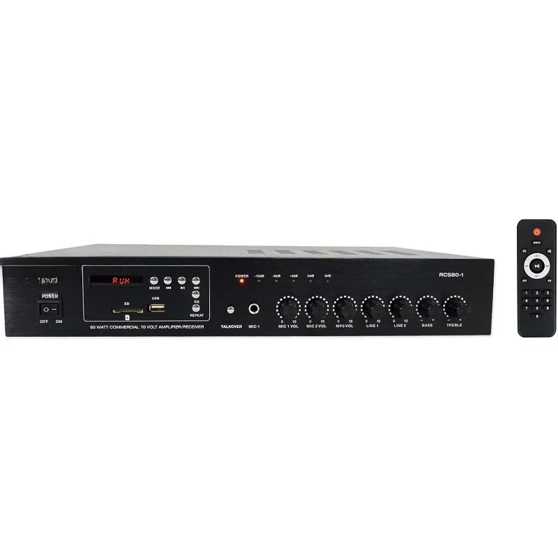 

RCS80-1 60 Watt 70v Commercial Amplifier/Bluetooth 5.0 Receiver, Multi-Zone Audio, USB/SD Inputs, FM Radio, for Restau