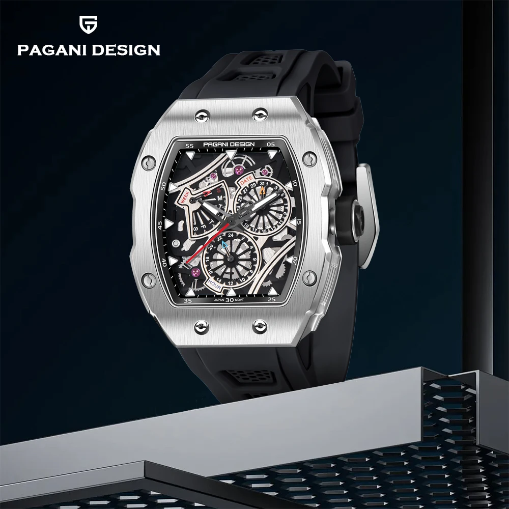 

PAGANI DESIGN черные силиконовые водонепроницаемые мужские полые спортивные часы с большим циферблатом в стиле милитари, оригинальные кварцевые часы