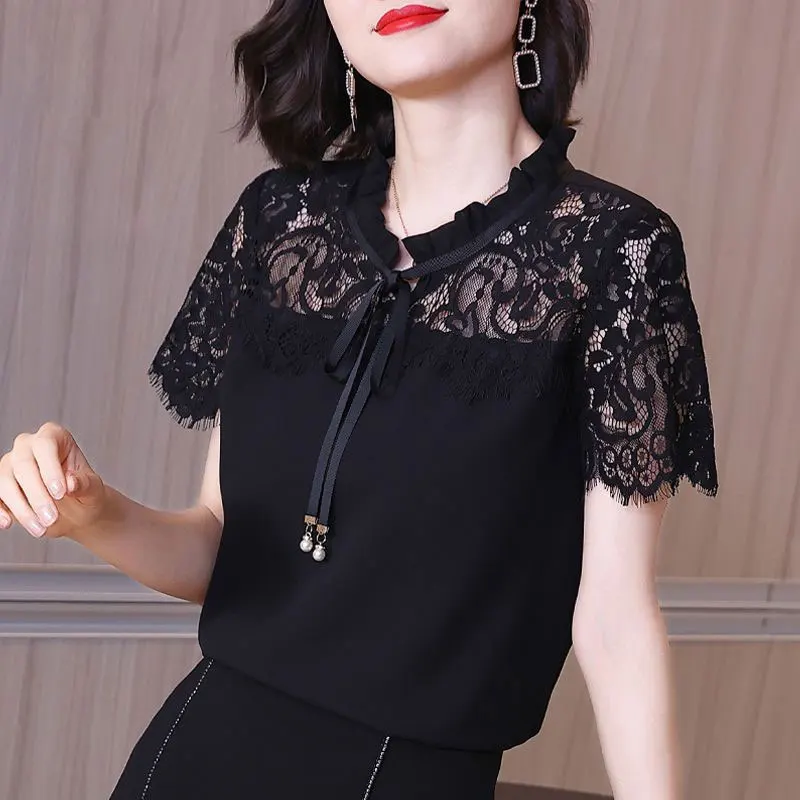 Sexy Lace Patchwork Slim Pullovers Round Neck Summer Stylish Hollow Out Short Sleeve Women\'s Clothing Drawstring Bow T-shirt New