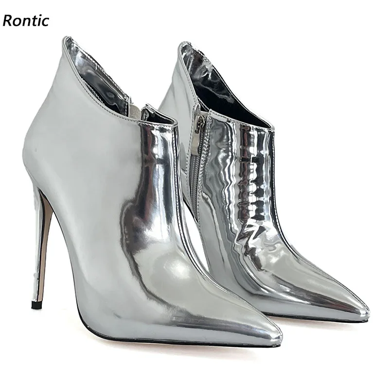 

Rontic Handmade Women Winter Ankle Boots Patent Leather Thin High Heels Pointed Toe Beautiful Silver Party Shoes US Size 5-15