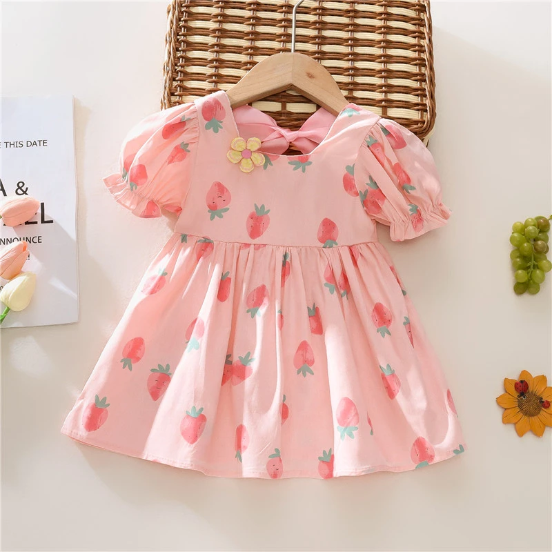 Girls\' dress summer children\'s clothing cute strawberry tie bow short sleeved Korean casual children\'s dress