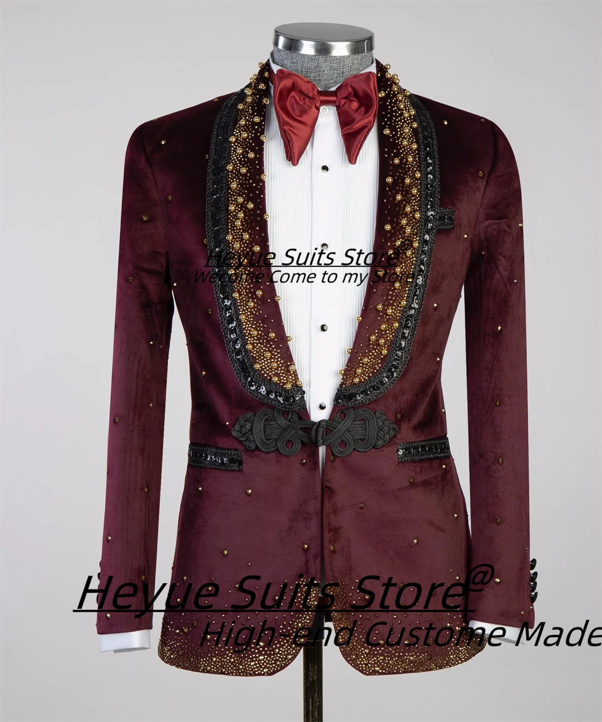 

Elegant Wine red Velvet Men Suits Customized Luxuly Beads Male Blazers Shawl Lapel Groom Tuxedos 2Pcs Sets Slim Fit Ropa Hombre