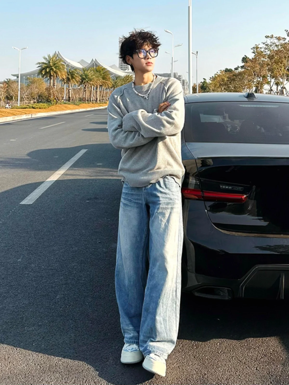 

Light Blue Men's Wide Leg Jeans High Waist Straight Cut Long Pants Cleanfit American High Street Vibe Youth Fashion