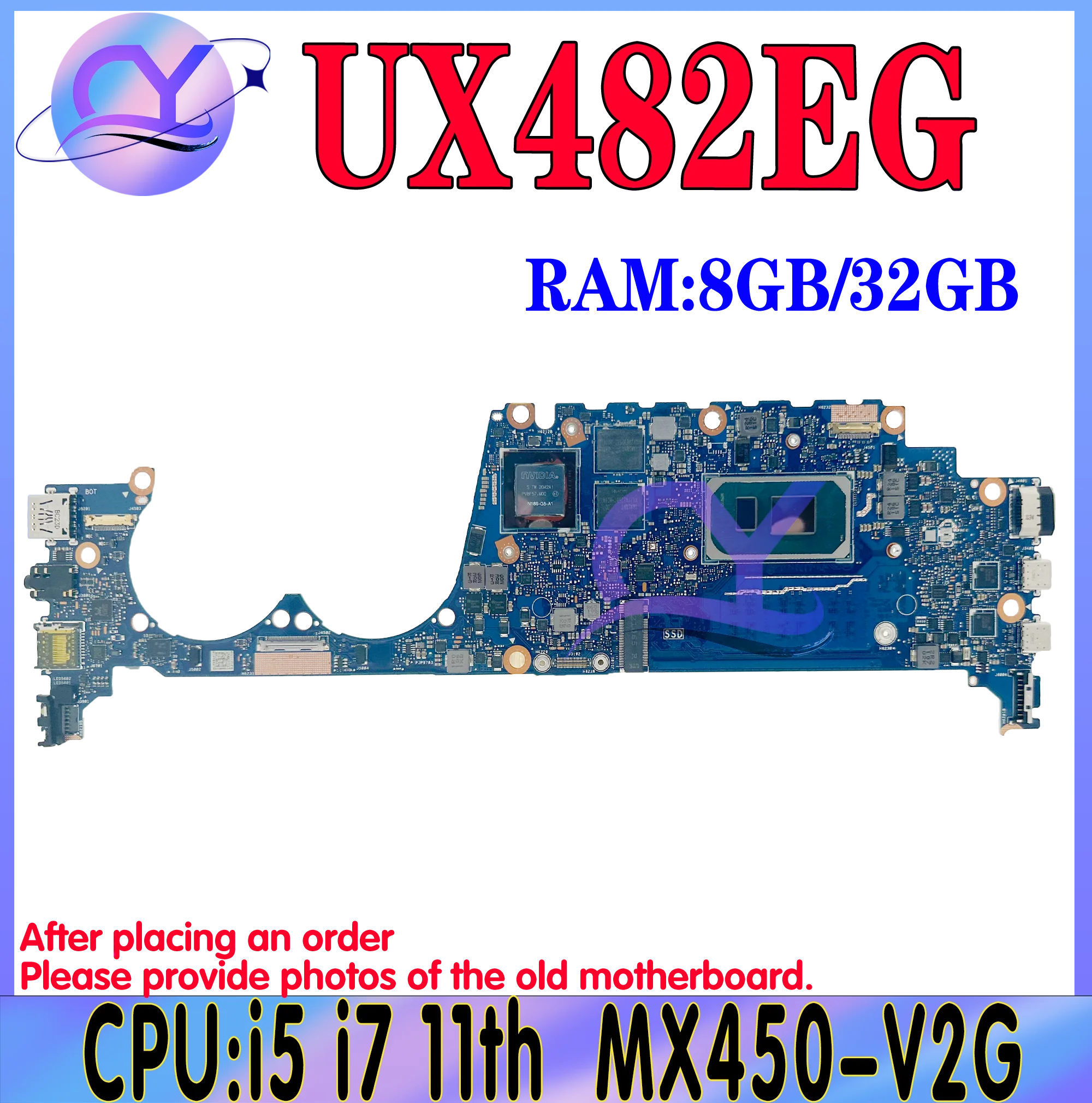 

UX482EG Laptop Motherboard W/i5 i7 11th Gen For ASUS UX482EA UX482EGR UX482EAR UX4100EAR BE482E BX482E Mainboard RAM-8G/16G/32G