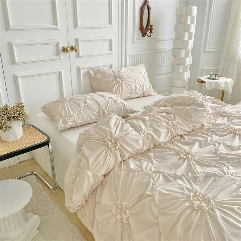 Three-dimensional Pinch Pleated Crafts Double Duvet Cover Set 220x240 Solid Twist Flowers King Size Bedding Set Quilt Cover Set