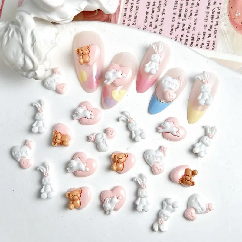 Kawaii Luminous Brown Bear Nail Art Decorations Double Colors Heart Cute White Rabbit Resin Nail Charms Accessories DIY Nails