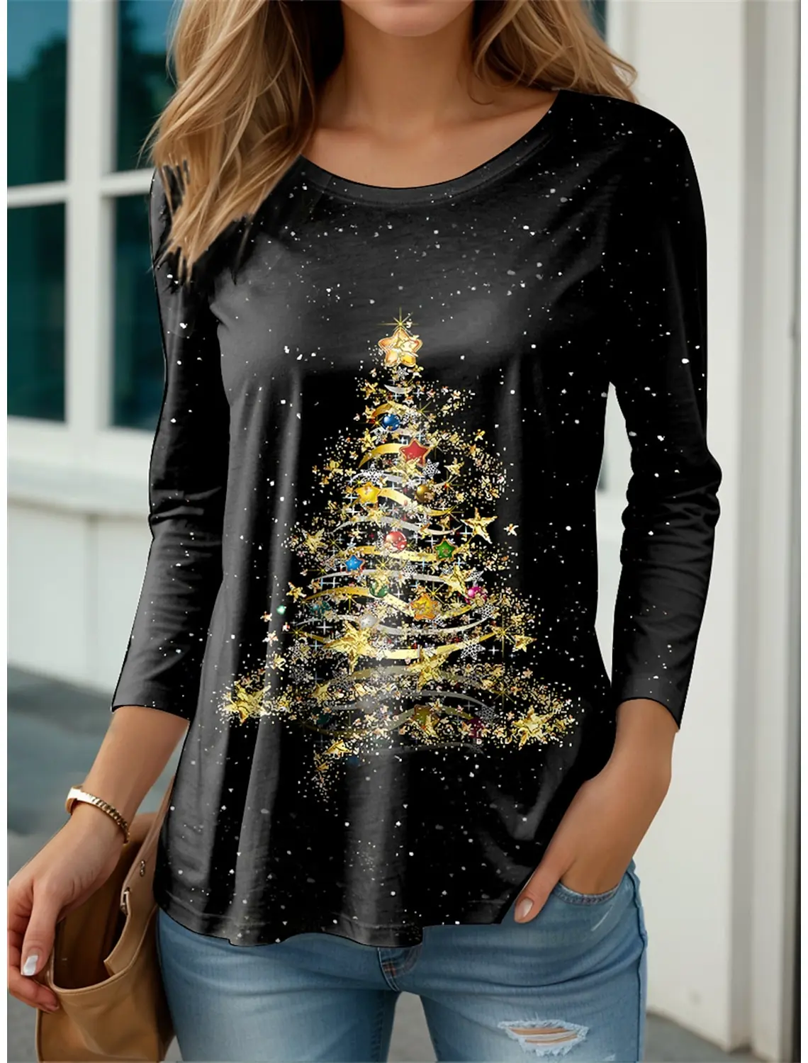 Fashion Women\'s Long Sleeve T shirt 3D Print Christmas Snowman Graphics Tops Funny  Regular Fit Spring/Fall Thin