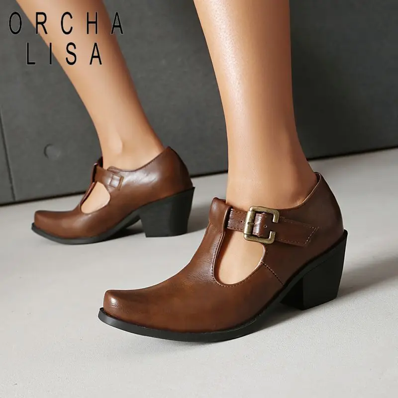 

Туфли-лодочки ORCHA LISA для женщин, с квадратным носком, на толстом каблуке 6 см, с ремешком на пряжке, большие размеры 43, 44, 45, для отдыха и офиса, осенняя коллекция