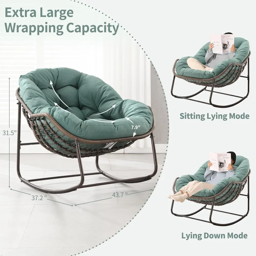 Outdoor Papasan Rocking Chair - Oversized Comfy Patio Chair Indoor Egg Royal Rattan Rocking Chair with Cushion