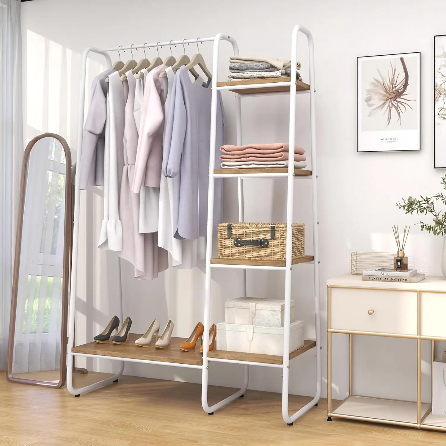 Garment Rack with Shelves, Clothes Rack with 5 Shelves & Hanging Bar, Open Wardrobe for Hanging Clothes and Storage