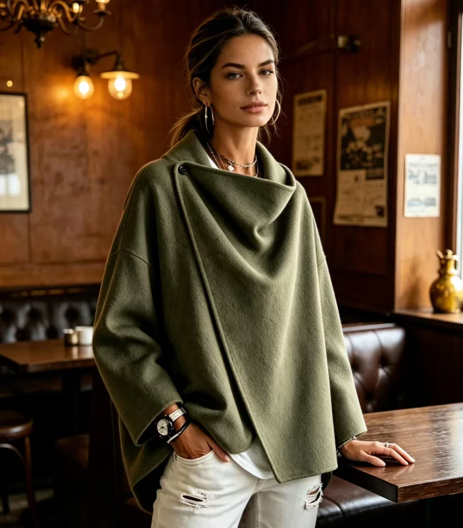 Women Draped Asymmetric Collar Cape Coat One Button Wrap Long Sleeve Loose Solid Jacket New Casual Fall Winter Elegant Outerwear
