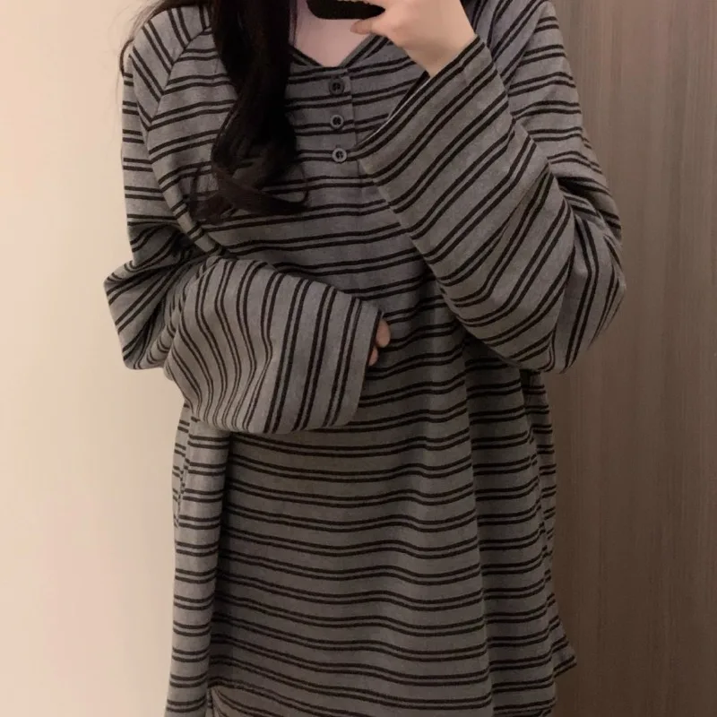 Women Pajamas Set for Home Black and Gray Stripes Sleepwear Long Sleeve Pants Suit 2 Pieces Spring Night Wear Pijamas Feminino