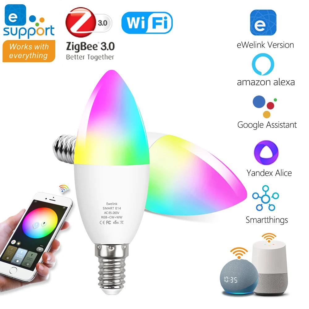 

Smart WiFi E14 LED Light Bulb ZigBee Candle Bulbs 110V 220V RGB LED CW WW Lamp Works With Ewelink Alexa Google Home Yandex Alice