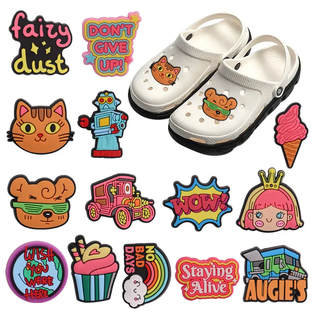 1-14PCS PVC Shoe Charms Buckle No Bad Days Girl Bear Car Wish You Were Here Slipper Accessories Garden Shoes Button Decoration