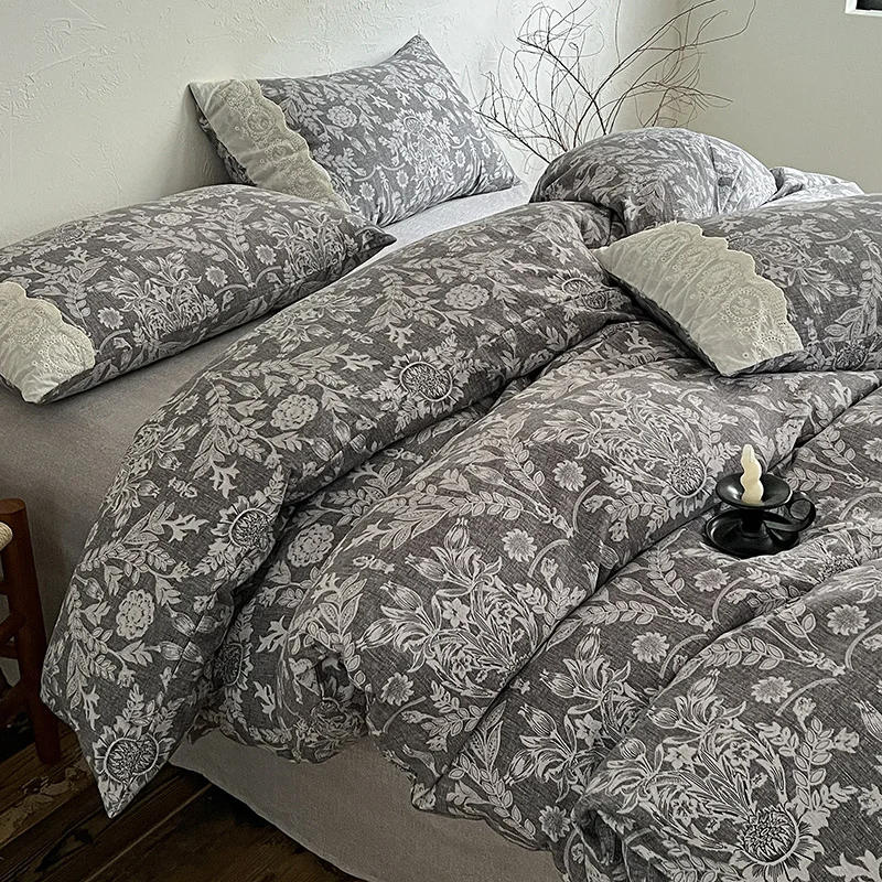 

4PCS Vintage Style Bedding Set Ins Princess Lace Duvet Cover Flat Sheet Set Twin Double Size Bed Sheet Set For Bedroom Decor