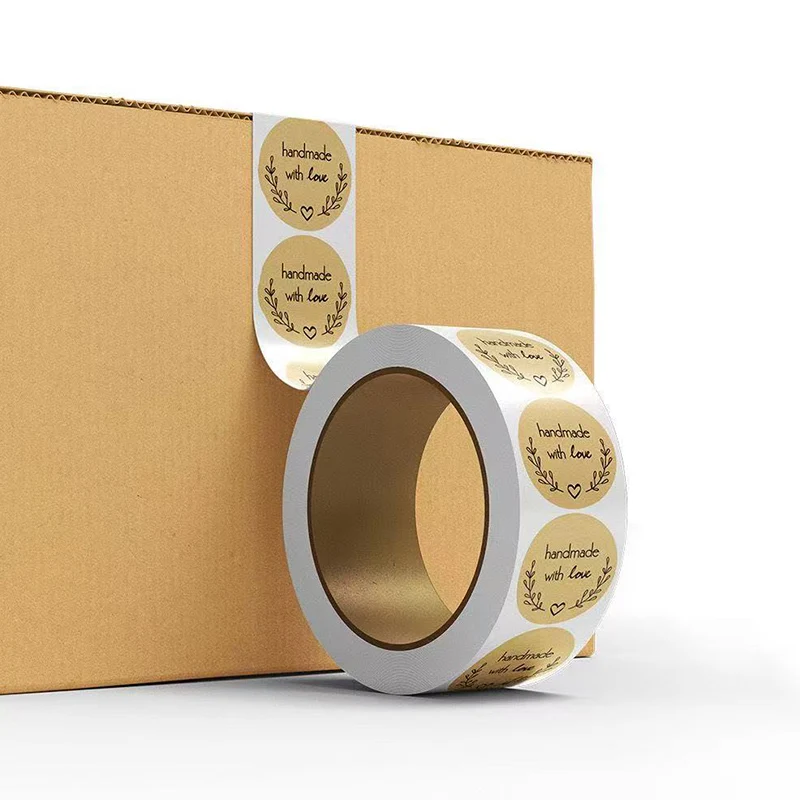 Handmade With Love Stickers Roll - 500pcs  Kraft Paper Round Labels for Handmade Products, Packaging, Gifts, and Craft