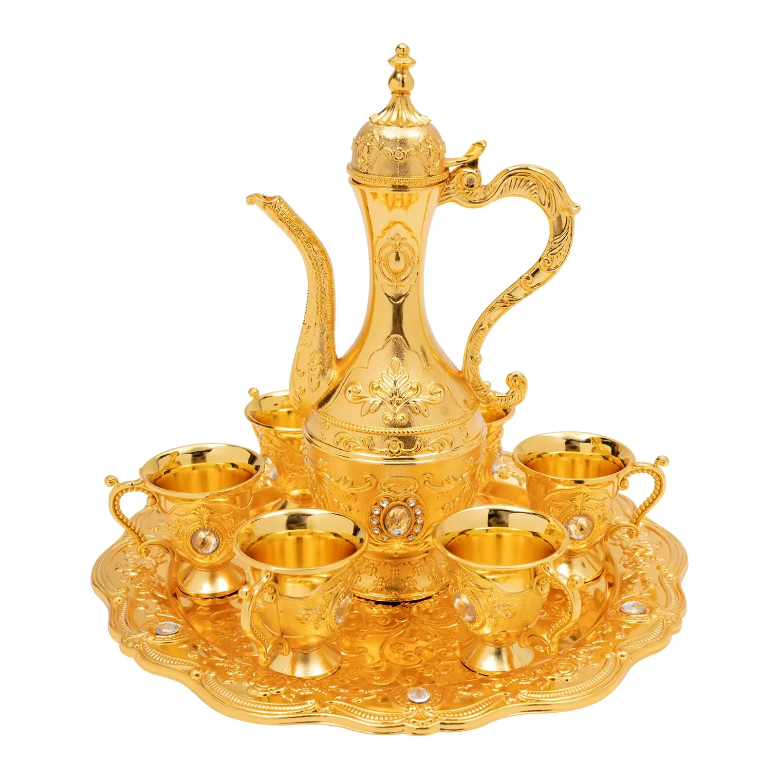طقم إبريق قهوة تركي معدني عتيق، وعاء قهوة ذهبي مع أكواب شاي عتيقة، طقم شاي تركي مع 6 فناجين قهوة فاخرة وحرف يدوية #5