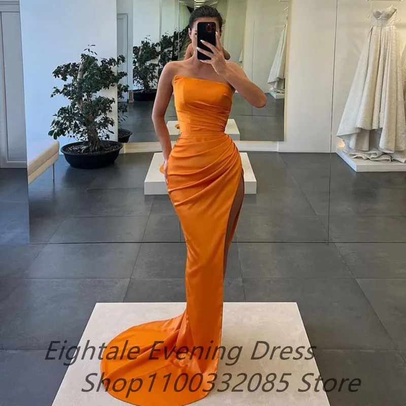 Eightale 2023 Champagne Satin Prom Dress Sexy Slit Evening Party Dress Strapless Women Formal Prom Gown Robes De Soirée