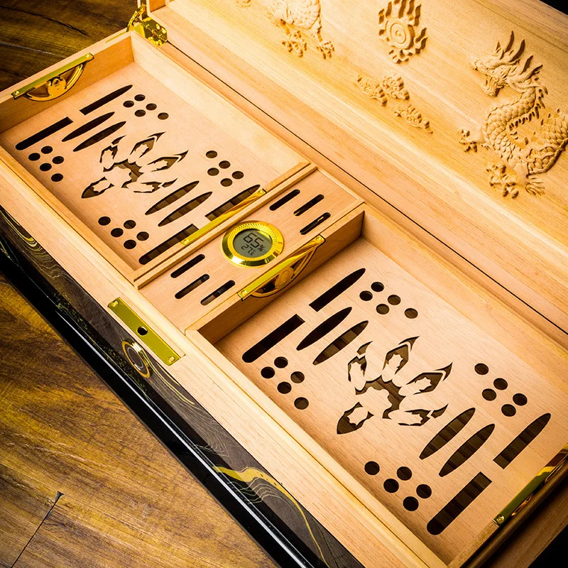 LUBINSKI the Year of the Loong Cigar Box Fingerprint Lock Three-dimensional Carving Double-layer Cedar Humidor Moisturizing Box