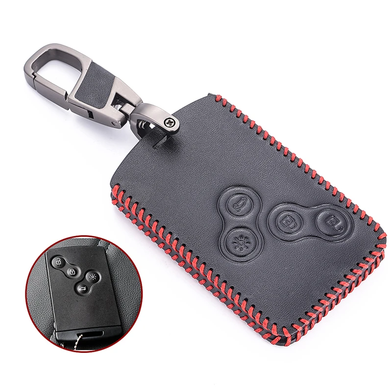 

For Renault Clio Scenic Megane 4 Button Car Key Shell Black Leather Keychain Keyless Remote Smart Key Case Protector Cover