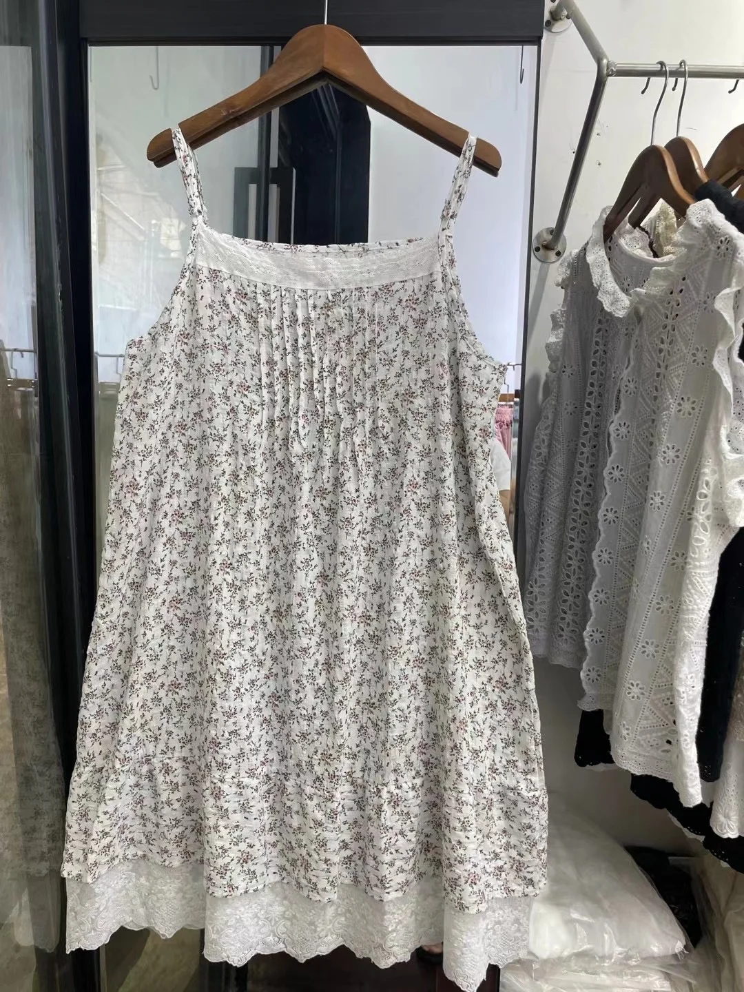 Summer Women\'s Floral Print Cotton Linen Blend Thin Strap Dress Pleated Accordion Gown Vest Style Casual Chic Lightweight Dress