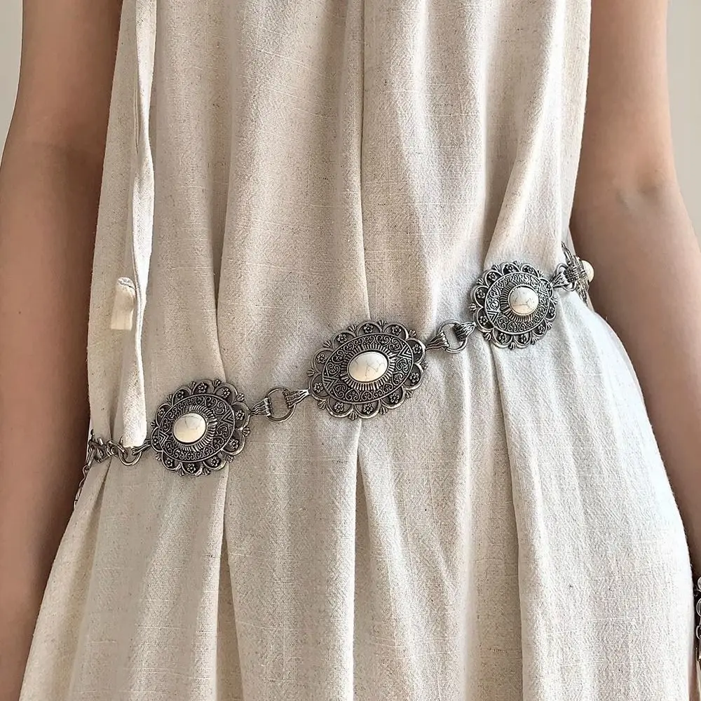 

Flower Metal Waist Chain Vintage Silver Bohemian Style Waistband Jeans Decor Carving Ethnic Style Belt Beach Accessories