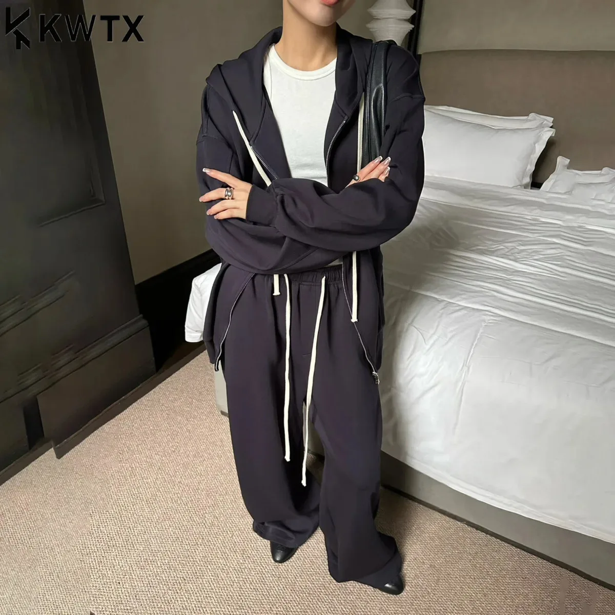 

KWTX Women’s 2025 New 2-Piece Hooded Color Block Zip-Up & Drawstring Wide Leg Pants Set Spring Autumn Casual Luxe Stylish Solid