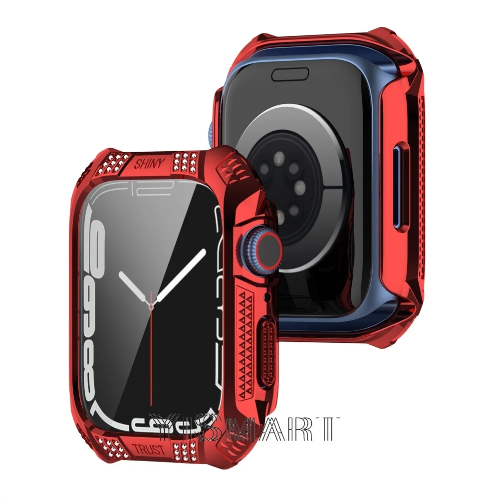 Bling Case for Apple Watch Series 7 45mm 41mm PC+Glass Screen Protector iWatch 7 Diamond Plated Cover Shockproof Bumper